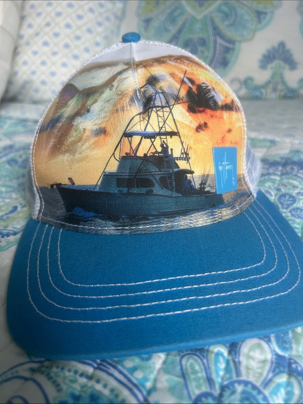 Guy Harvey Hat with Fishing Boat Sunset Print